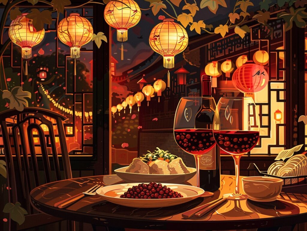 Assorted Chinese dishes with wine and tea pairings on a beautifully set table