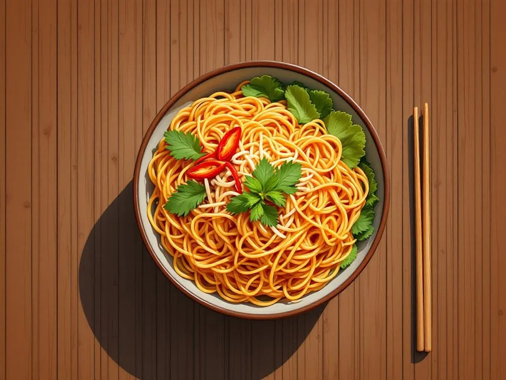 Singapore noodles served on a table